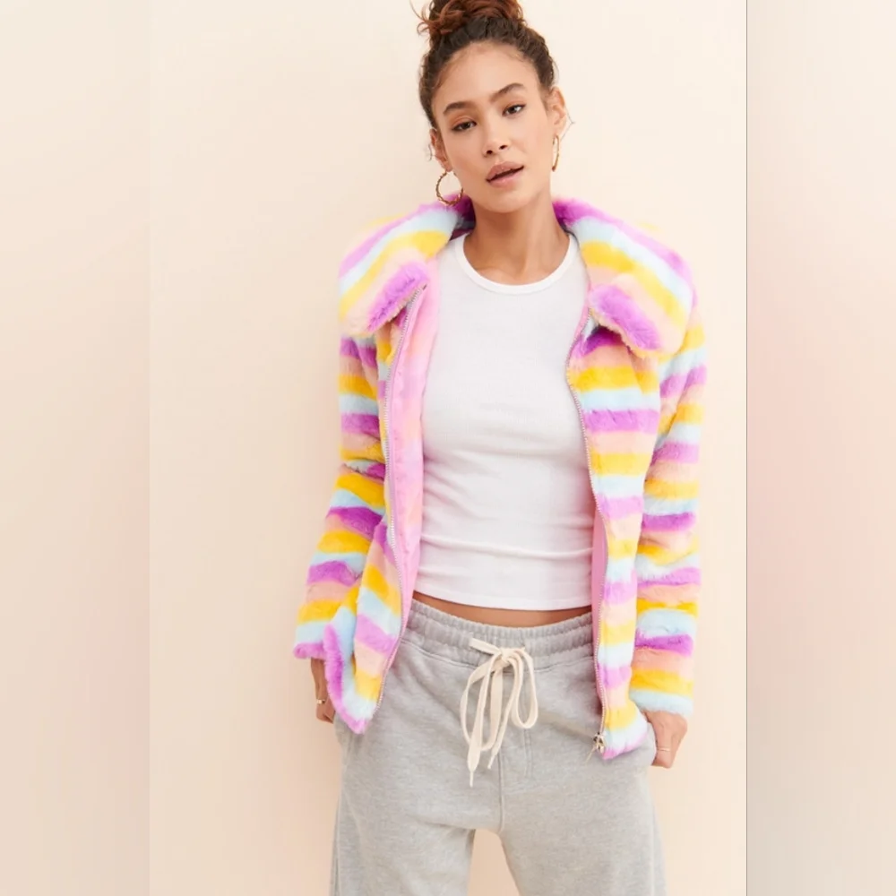 Daisy Street Rainbow stripe faux fur jacket NWT
